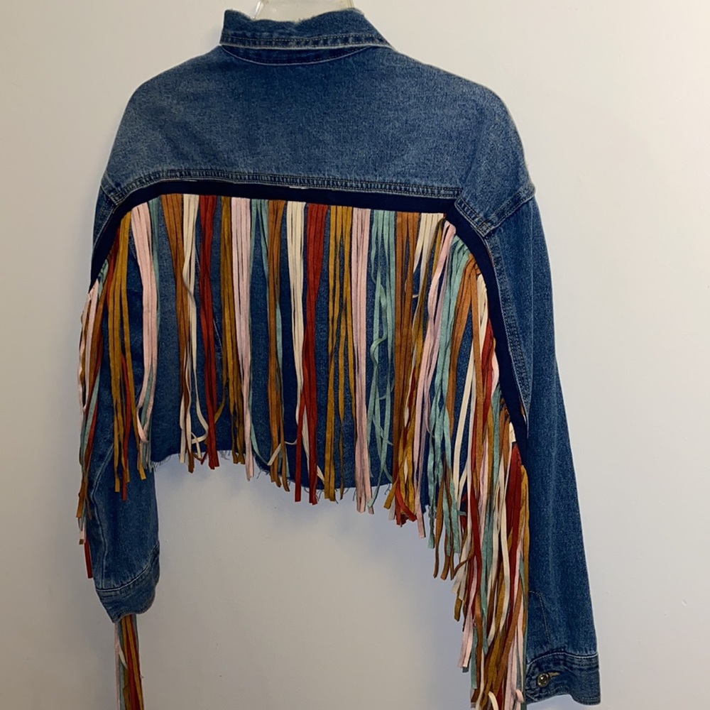 NWT denim fringe jacket